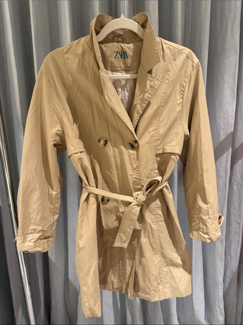 Girls Zara Beige Double-Breasted Trench Coat with Waist Tie
